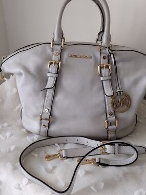 Michael Kors Light Gray Leather Satchel with Gold Hardware and MK Charm